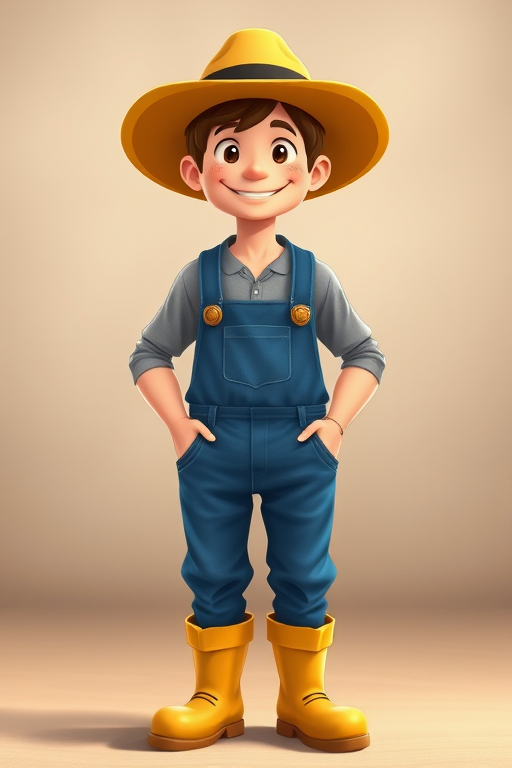 Create a high-resolution illustration of a male farmer character wearing a yellow straw hat, gray shirt, blue overalls, and yellow boots, standing upright with a friendly expression; utilize a DSLR camera setting with ISO 100, aperture f/8, 50mm lens, and a soft focus background for depth.