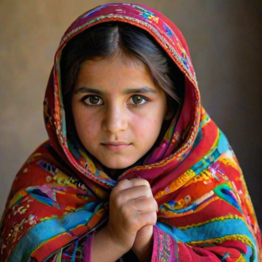 A beautiful Afghan girl, wearing colorful bird clothing with vibrant colors