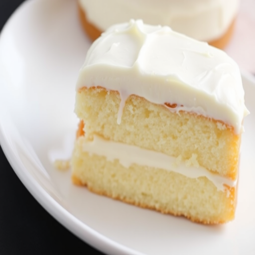 A slice of vanilla cake with white frosting on a white plate showcasing a moist texture and layers of frosting between the cake layers, with a simple and elegant presentation on a dark background.