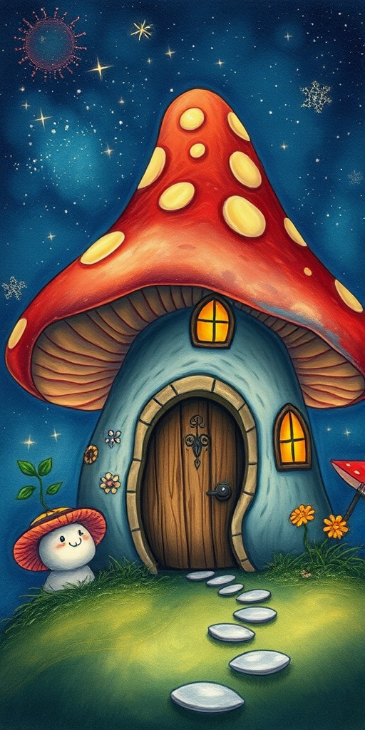 this picture is illustration of a mushroom house with a door and a window, a storybook , fantasy art, mushroom house, bg starry sky, sparkles