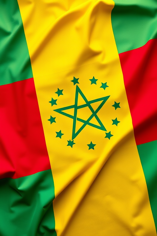 Create an image of the Ethiopian flag with vibrant colors and high detail, using a Canon EOS R5 camera, 50mm lens, f/11 aperture, ISO 100, and a top-down view for enhancing the clarity and vibrancy of the colors.