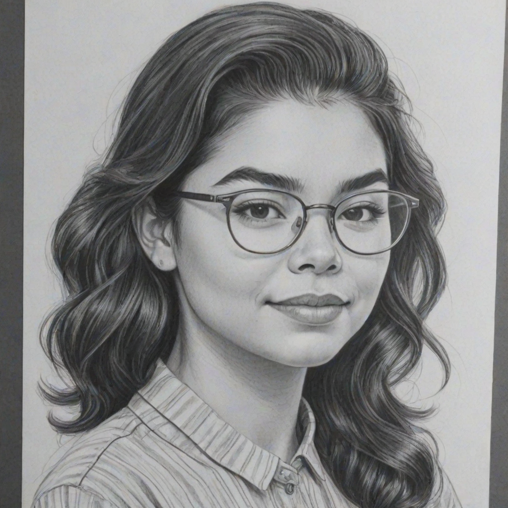 Magnificent Auli'i Cravalho, pencil sketch, portrait of Splendid woman 1963s in glasses, hair style beatnik, outline, clear lines, fine lines, 8k