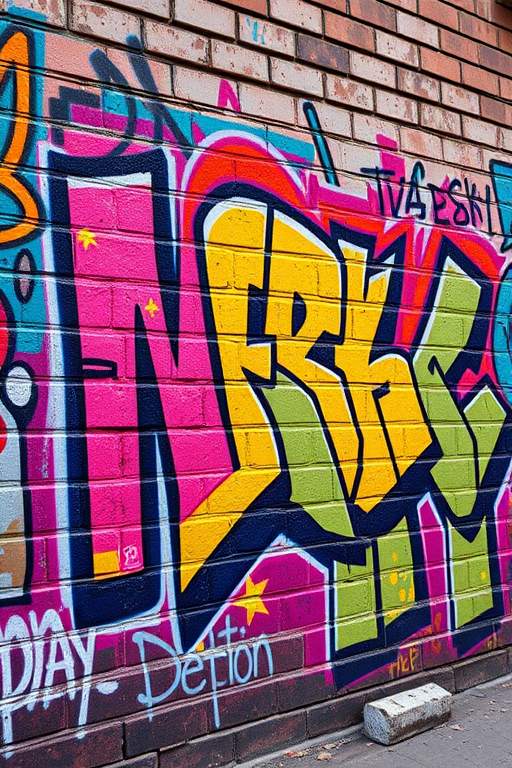 Capture vibrant urban graffiti art on a brick wall, using a Canon EOS 5D Mark IV with a 50mm f/1.8 lens, aperture set to f/4, ISO 100, shutter speed 1/125 sec, in daylight for enhanced saturation.