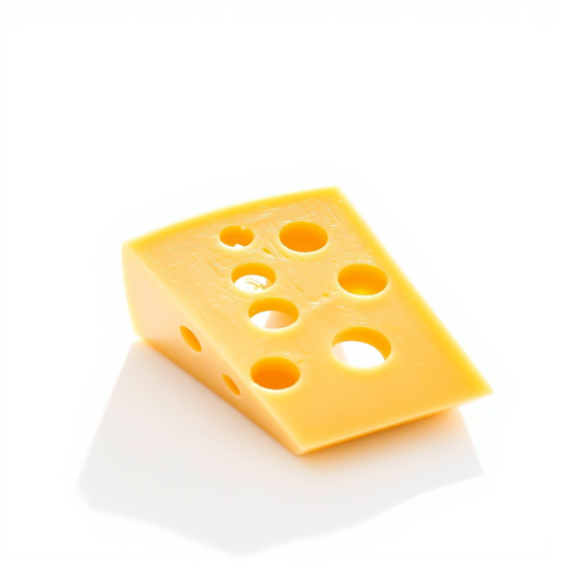 Create a high-quality illustration of a slice of cheese with circular holes, using a bright and clean background, captured with a DSLR camera, 50mm lens, f/2.8 aperture, 1/200s shutter speed, and natural light to enhance texture and detail.