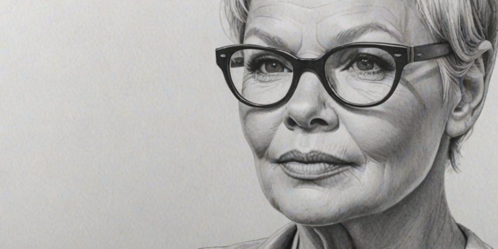 Wonderful Judi Dench, pencil sketch, portrait of Enchanting woman 1963s in glasses, hair style beatnik, outline, clear lines, fine lines, 8k