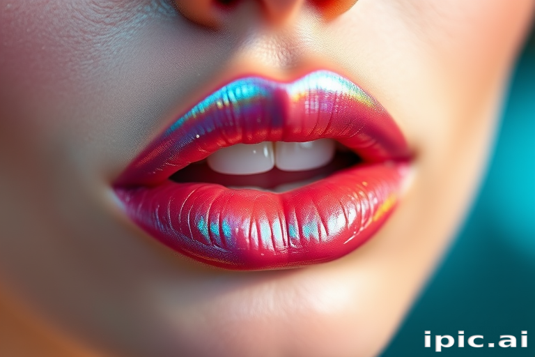 Ethereal iridescent "Mermaid's Whisper" lip topper transforms any lip color with a magical, color-shifting finish, creating a captivating play of light on smooth lips