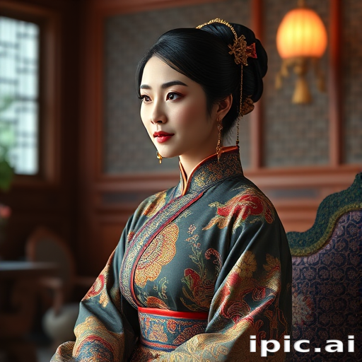 A beautiful woman in traditional East Asian attire, intricately detailed with embroidered patterns, sitting gracefully in a richly decorated room, soft ambient lighting, serene and elegant, ultra-realistic, 8K resolution
