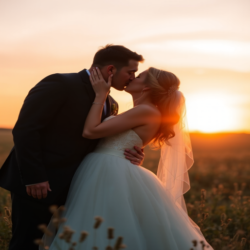 Wedding couple kissing in a field at sunset, soft natural lighting, shallow depth of field, 85mm f/1.4 lens, aperture f/2.8, ISO 100, shutter speed 1/200 sec, DSLR camera, portrait orientation, high-resolution image.