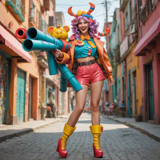 A playful woman holds a bazooka with a mischievous grin, her pose exaggerated and cartoonish. She’s dressed in a colorful, quirky outfit with oversized accessories, giving her a whimsical and fun appearance. The bazooka, although large, is designed in a cute, almost toy-like style, adding to the humorous and lighthearted vibe of the scene. The background is bright and cheerful, enhancing the overall playful atmosphere.
We share ALL our prompts in the Bing Image Prompts group: