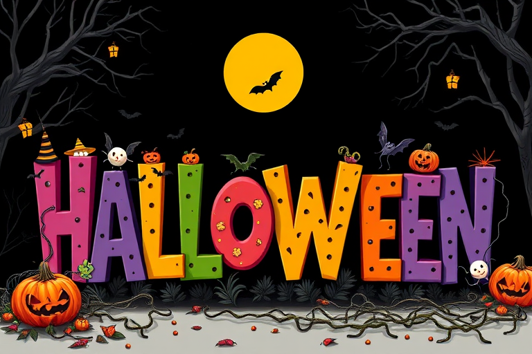 Create a vibrant Halloween-themed illustration featuring colorful letters spelling "HALLOWEEN" adorned with bats and spooky decorations, in high-resolution, shot with a DSLR camera at f/2.8, ISO 100, 50mm lens, natural soft lighting, from a slightly elevated angle to capture depth and detail.