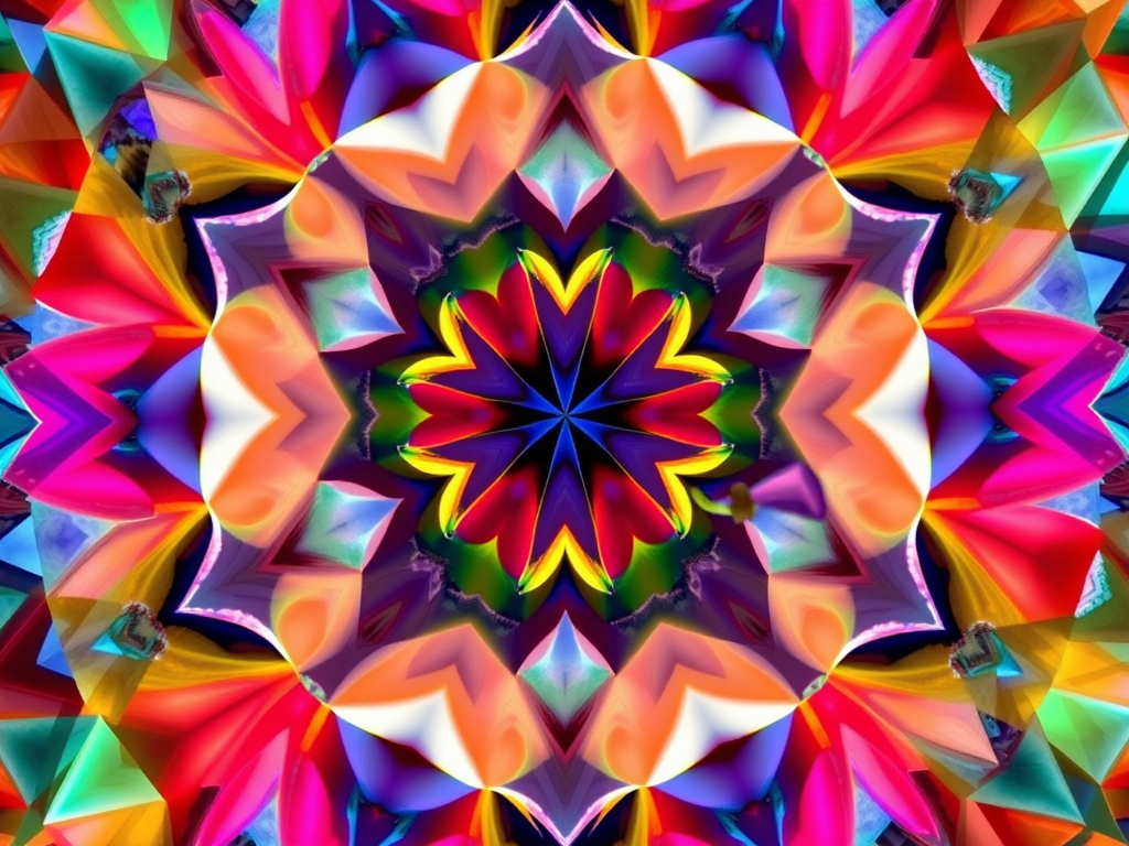 Generate a high-resolution image of an abstract geometric pattern with vibrant colors, using a DSLR camera at 24mm focal length, aperture f/2.8, ISO 100, in natural light, with a wide-angle view to enhance detail and clarity.