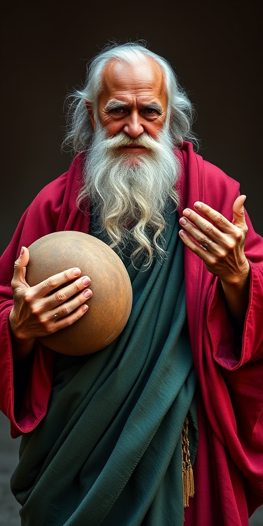 Create a high-resolution image of an elderly man with a long beard, wearing a red robe and a green draped garment, holding a large round object in one hand while gesturing with the other, using a Canon EOS R5, 50mm lens, f/1.8 aperture, ISO 100, 1/125 second shutter speed, natural light, frontal view, and fine art style.