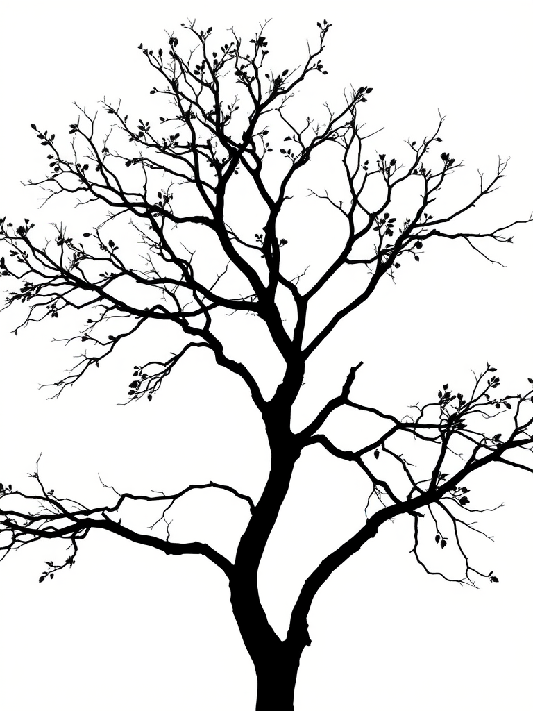 Create a high-resolution image of a stylized black silhouette of a tree with intricate branches and leaves against a white background, using a Canon EOS R5 camera with an aperture of f/8, shutter speed 1/200s, ISO 100, shot in portrait mode with soft natural lighting.