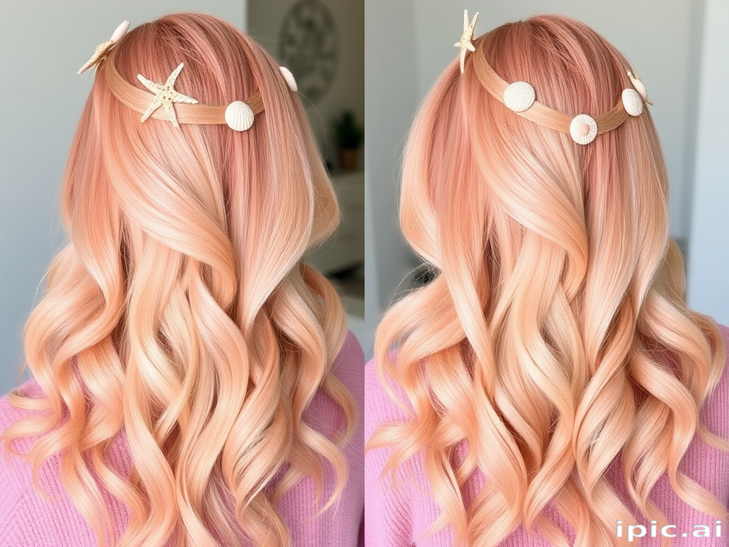 Ethereal pastel peach to soft coral ombre styled in loose beachy waves, adorned with delicate seashells and starfish for a mermaid-inspired look