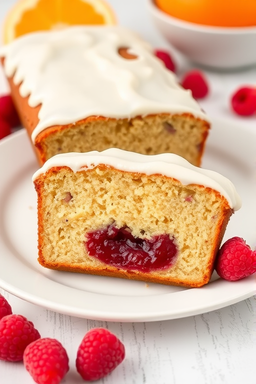 A beautifully arranged loaf cake sliced to reveal a moist interior with a layer of raspberry jam in the center topped with a creamy white icing served on a white plate with fresh raspberries and a slice of orange in the background.