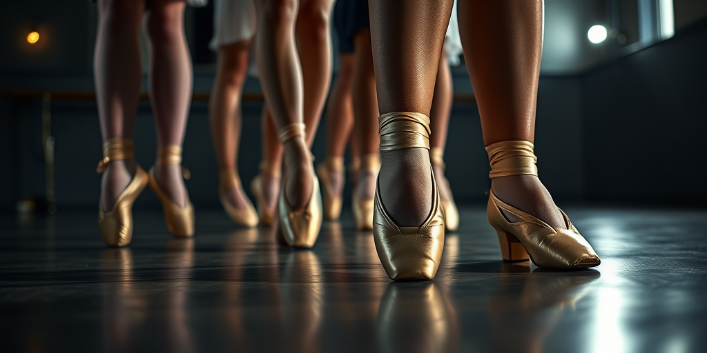 A close-up shot of dancers tying their ballet shoes in a dimly lit studio, focus on the feet and satin pointe shoes, shallow depth of field, aperture f/2.8, ISO 400, shutter speed 1/60s, Canon EOS R5, 85mm lens.