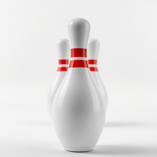 A high-resolution image of a bowling pin with a shiny surface and red stripes, captured with a Canon EOS R5 camera, 50mm lens, f/2.8 aperture, ISO 100, in a well-lit studio setting with a softbox for even lighting and a white background to enhance contrast and clarity.