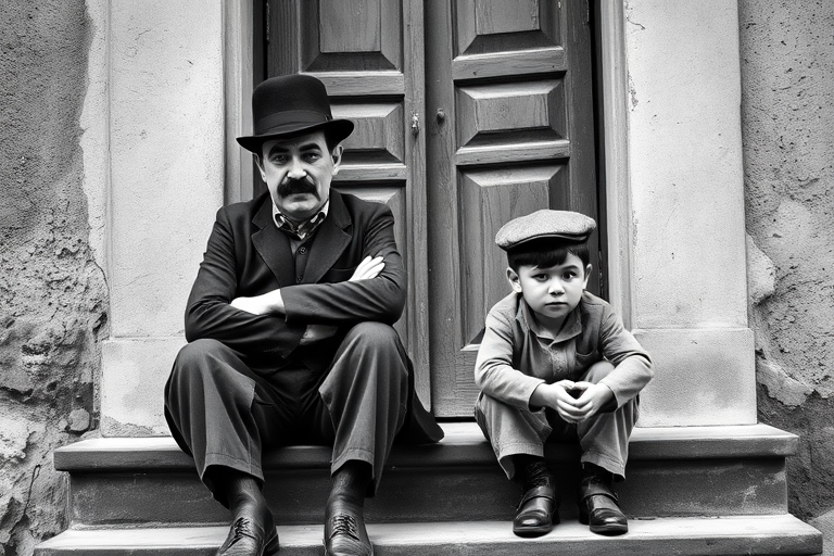 A black-and-white photograph of a man and a child sitting on steps in front of a doorway. The man is dressed as a tramp with a bowler hat, mustache, and ragged clothes, reminiscent of Charlie Chaplin's iconic look. He is sitting with his arms crossed and an expression of slight sadness or frustration. Next to him is a young boy, also in worn clothes and a cap, sitting with his hands clasped, looking thoughtful. The background is an old, textured wall and a partially open door, creating a vintage, early 20th-century atmosphere.