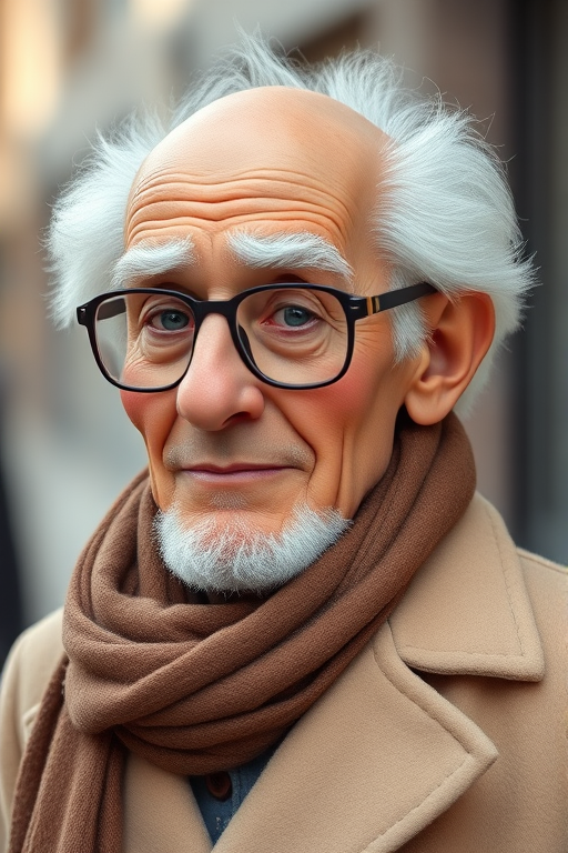 Create a hyper-realistic image of a cartoonish elderly man with bald head, fluffy white hair, and glasses, wearing a brown scarf and cream-colored coat, shot with a Canon EOS R5, 50mm f/1.2 lens, at ISO 100, aperture f/2.8, and natural soft lighting from the side.