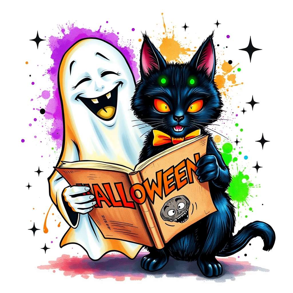 Image of a ghost and a black cat laughing exaggeratedly , and reading a comic halloween comic book, alcohol ink airbrush style, funny halloween theme, white background with neon purple, neon orange, neon green splash, black sparkles stars , dazzling BG