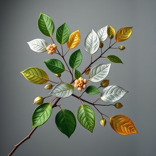Regenerate an image of a stylized plant branch with green, silver, and gold leaves and flowers, using a DSLR camera with a 50mm lens at f/2.8 aperture, shot from a top-down view with soft diffuse lighting to enhance the vibrancy and detail of the leaves.