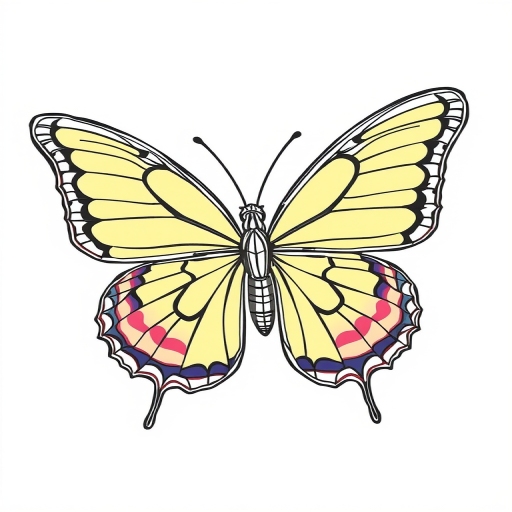 Create a vibrant and detailed line art of a butterfly with intricate patterns, using a Canon EOS R5 camera, 50mm lens, f/1.8 aperture, ISO 100, natural light, top-down view, minimalist style to enhance image quality.