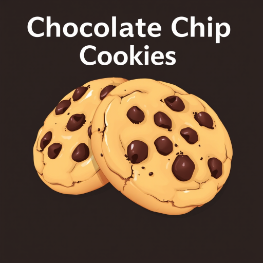 create a detailed illustration of two chocolate chip cookies with a smooth texture, against a dark background, using a DSLR camera at f/2.8, ISO 100, 1/60s, with a macro lens to enhance focus and clarity, styled in a flat lay view for a modern look.