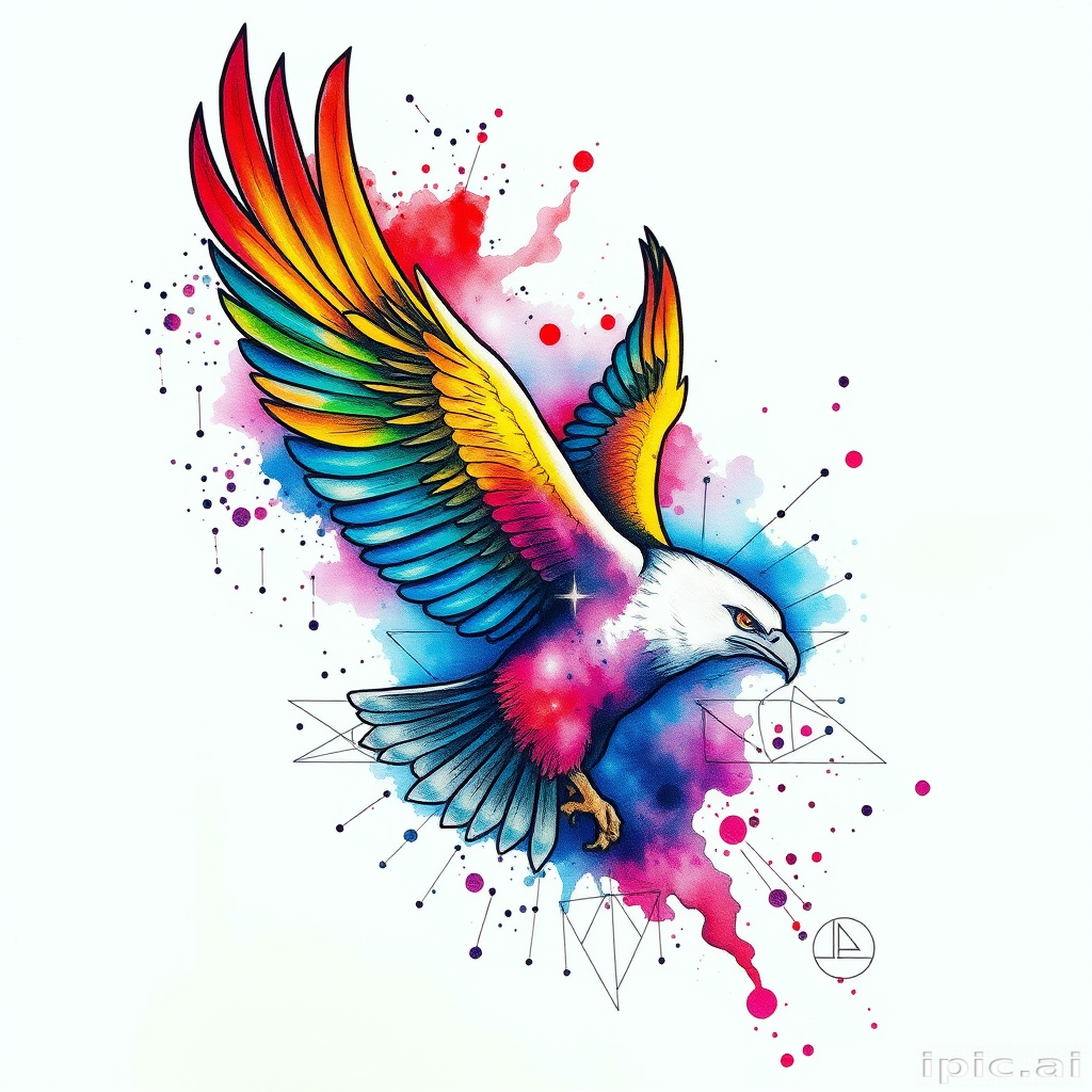 Vibrant watercolor splash tattoo featuring a soaring eagle with rainbow feathers, blending seamlessly into a cosmic nebula backdrop, incorporating intricate geometric patterns and delicate line work for a stunning fusion of realism and abstraction