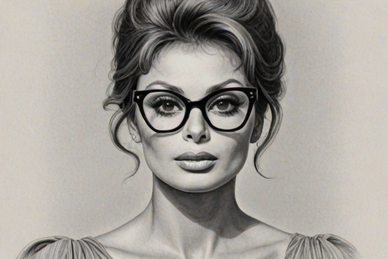 Beautiful Sophia Loren, pencil sketch, portrait of beautiful woman 60s in glasses, hair style beatnik, outline, clear lines, fine lines, 8k