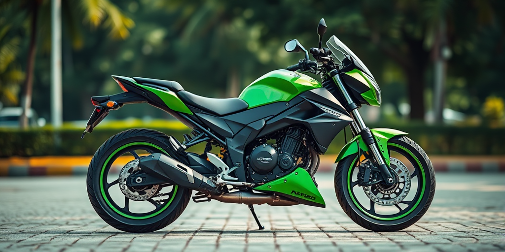 regenerate a high-resolution image of a green modern motorcycle parked on a paved surface with a blurred background, shot with a Canon EOS R5, aperture f/2.8, shutter speed 1/1000s, ISO 100, in portrait mode, with soft natural lighting and enhanced color vibrancy.