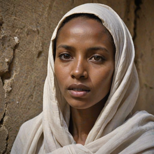 Create a close-up photographic image of a Oromo woman with light skin tones shown against an old, worn wall. Their head is wrapped in a white cloth covering (i.e.... parts of the head except the nose and mouth, which are open as if they are screaming...), with a slight texture and visible folds in the fabric. Thin strands of blonde hair escape from the wrapping above, falling lightly at the top and sides. Their hands hold the fabric as if they are tugging nervously. The lighting is dramatic and even, casting strong shadows. The image has a minimalist and surreal style with an emphasis on simplicity with soft color tones. The composition is centered.