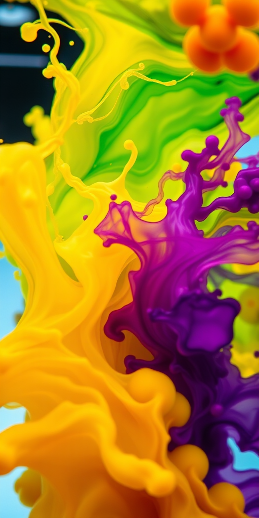 Create an abstract image of colorful ink swirling underwater with vibrant yellow, green, and purple colors, captured with a Canon EOS R5 at f/8, 1/125s, ISO 100, using a macro lens for close-up detail from a low angle perspective.