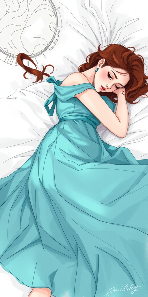 A high-resolution illustration of a woman lying on a bed, her head resting on her arms, wearing a flowing teal dress, soft lighting, artistic sketch style, shallow depth of field, Canon EOS R5, 50mm lens, f/1.8, ISO 100, 1/200s.