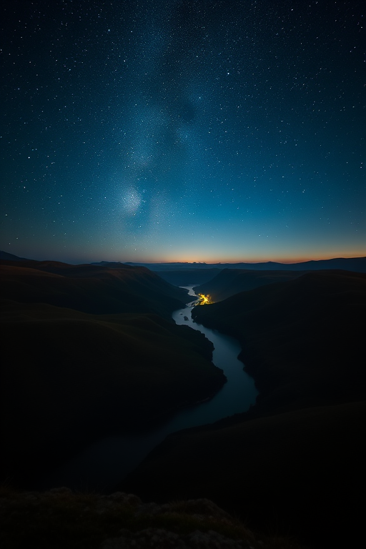Create a serene night landscape featuring rolling hills under a starry sky with a winding river flowing through, include a small glowing light in the distance, shot with a DSLR camera at f/8, ISO 100, 24mm lens, using a soft-focus style.