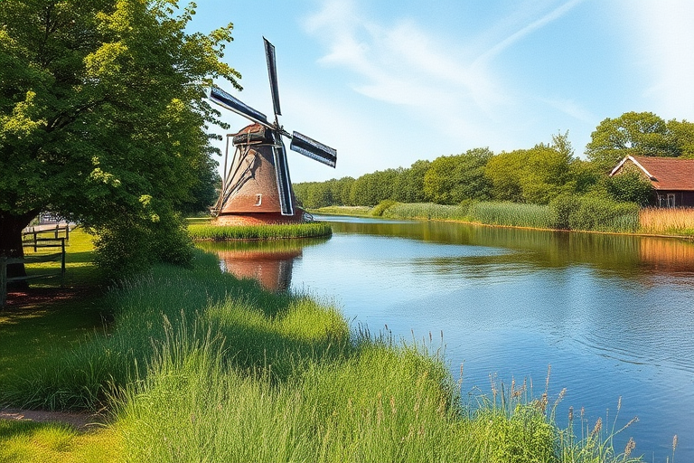 capture a watercolor landscape of a windmill by a serene river with lush greenery, use a Canon EOS R camera with a 24-70mm lens at f/8 aperture, ISO 100, 1/250s shutter speed, shot from a low angle to emphasize the height of the windmill and enhance colors in natural daylight.