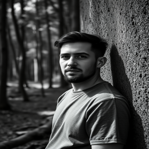 regenerate a portrait of a man leaning against a textured wall in a forested area, soft natural light, ISO 200, shutter speed 1/100s, aperture f/2.8, 50mm lens, shallow depth of field, black and white photography