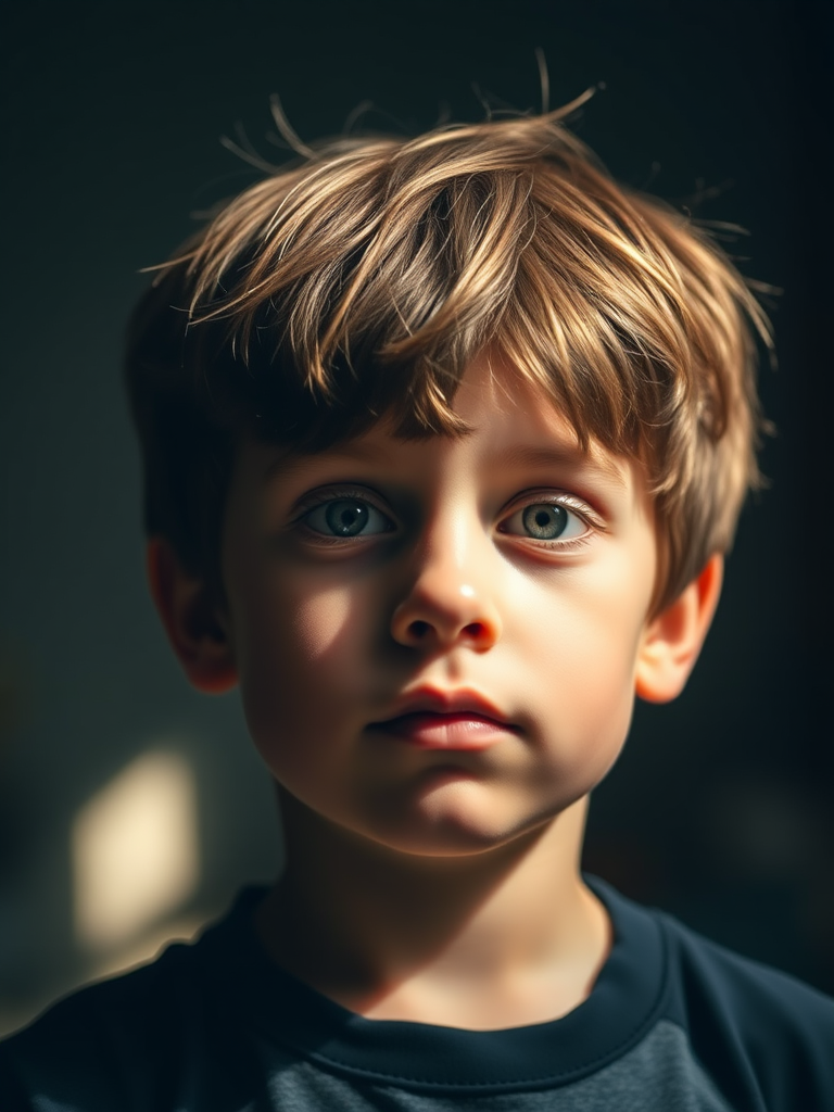 portrait of a young boy with short brown hair in a dimly lit room, soft natural light illuminating his face, shallow depth of field, 50mm f/1.8 lens, ISO 200, shutter speed 1/100, DSLR, warm tones