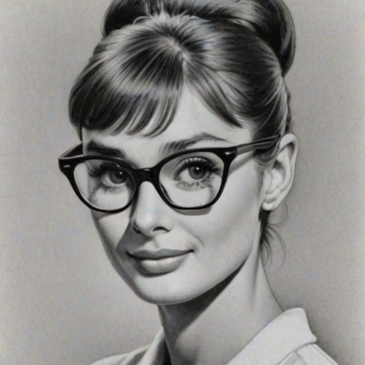 Magnificent Audrey Hepburn, pencil sketch, portrait of Beauteous woman 1977s in glasses, hair style beatnik, outline, clear lines, fine lines, 8k