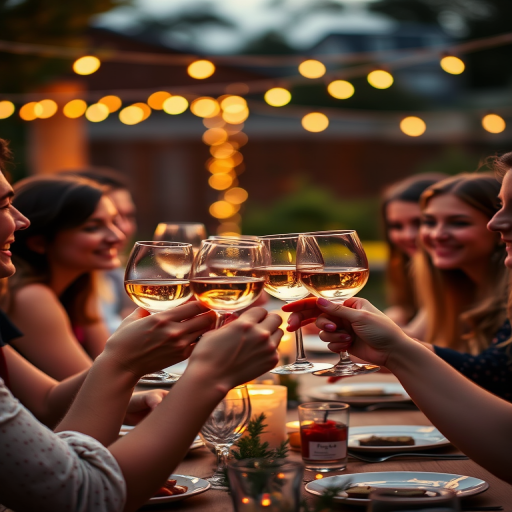 Warmly lit, close-up photo of a group of friends toasting glasses of wine at an outdoor dinner party, soft golden light illuminating their smiles, with fairy lights twinkling in the background.