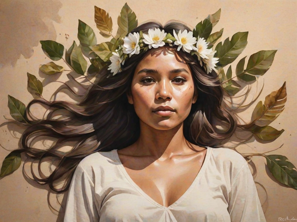 create a watercolor painting of an ethereal portrait of beautiful First Nations woman with a simple white flower crown on her head. Her hair is long and she is lying on the ground. The sunlight on the trees casts shadows from the leaves on her face and body. The background is a neutral brown color that matches her skin tone. The image is minimalist and solid colors. This style is characterized by soft, delicate brushstrokes and a light, airy, contrasting color palette. High level of detail and play of light