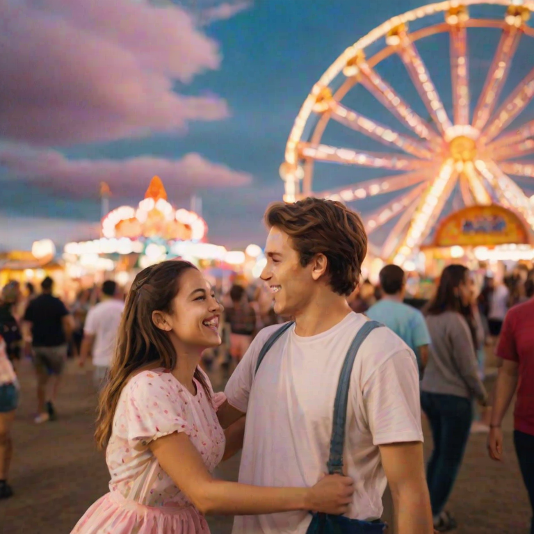 Blurry candid shot of a young couple sharing a playful moment at a local carnival, holding hands as they run toward a brightly lit Ferris wheel, soft cotton candy clouds in the background.