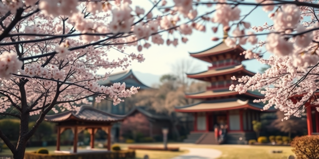 captured with a Canon EOS 5D Mark IV, 50mm lens, f/8, ISO 100, soft focus, landscape view, with vibrant colors and high dynamic range to enhance the tranquil Asian garden scene with cherry blossoms and pagodas