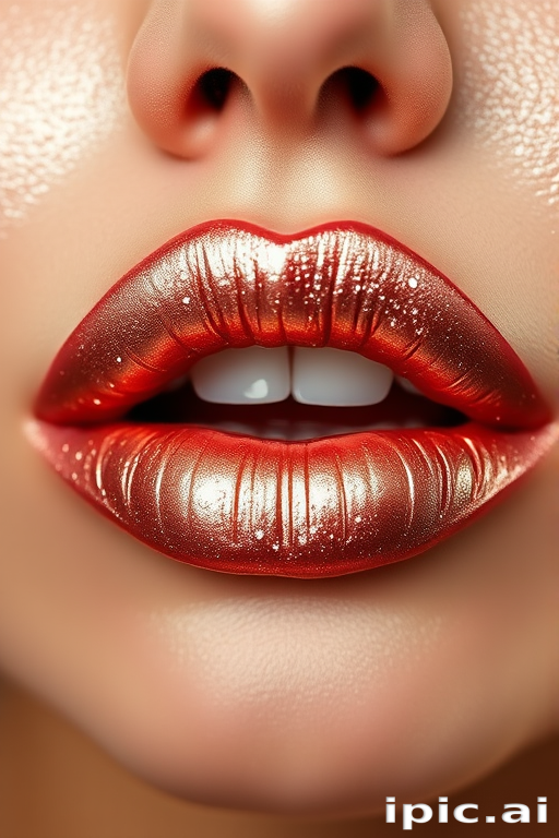 Shimmering rose gold metallic lips, dubbed "Gilded Petal," showcasing a high-shine finish and light-reflecting particles for a dazzling, multidimensional look