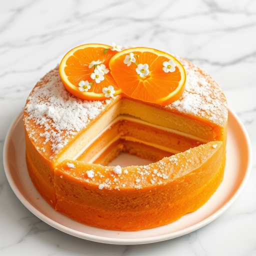 A beautifully decorated orange cake with layers visible inside the cake, topped with fresh orange slices and small white flowers, on a white plate with a marble background.