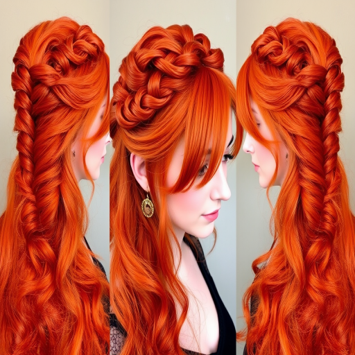Fiery red mane styled in the "Phoenix Rising" half-up braided crown, long cascading curls reaching waist, bright copper highlights woven throughout, intricate fishtail braid circling head, loose tendrils framing face softly