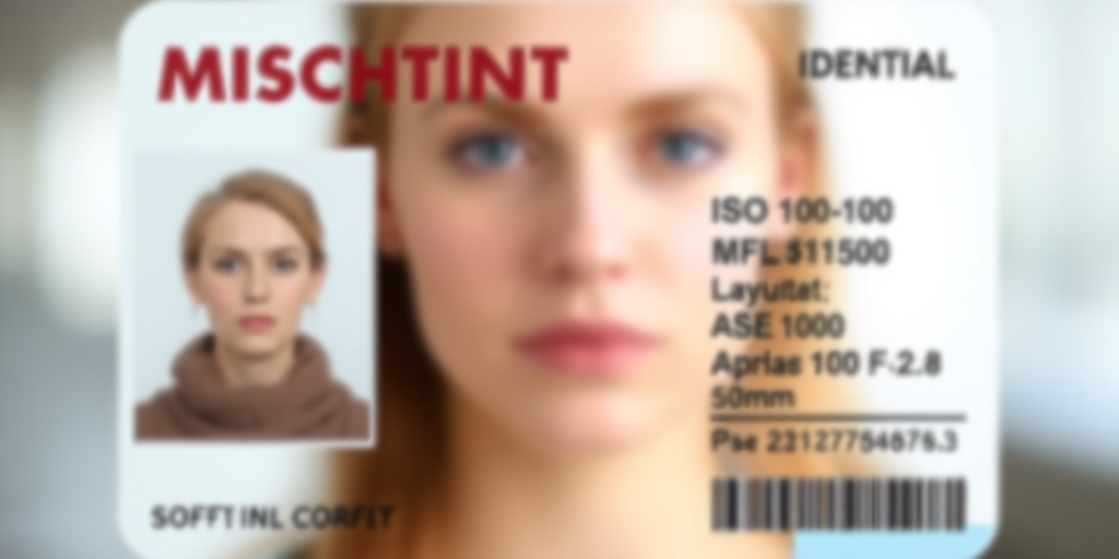 Create a detailed vector graphic of a generic identification card featuring a blurred portrait, include a clean layout for personal information, use a professional soft-focus lens effect, set ISO to 100, aperture at f/2.8, with a 50mm DSLR camera view for enhanced clarity.