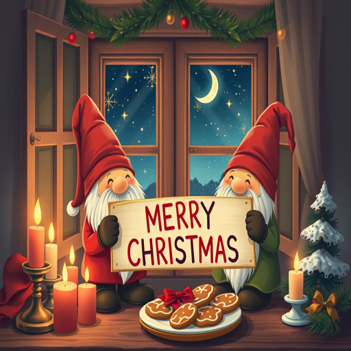 Create a warm, festive illustration of two gnomes celebrating Christmas indoors, holding a sign that says "MERRY CHRISTMAS", with a window showing a starry night and a crescent moon, surrounded by candles and a plate of gingerbread cookies, using a Canon EOS R5, 50mm lens, f/1.8 aperture, shutter speed 1/125, in a soft, cozy lighting style.