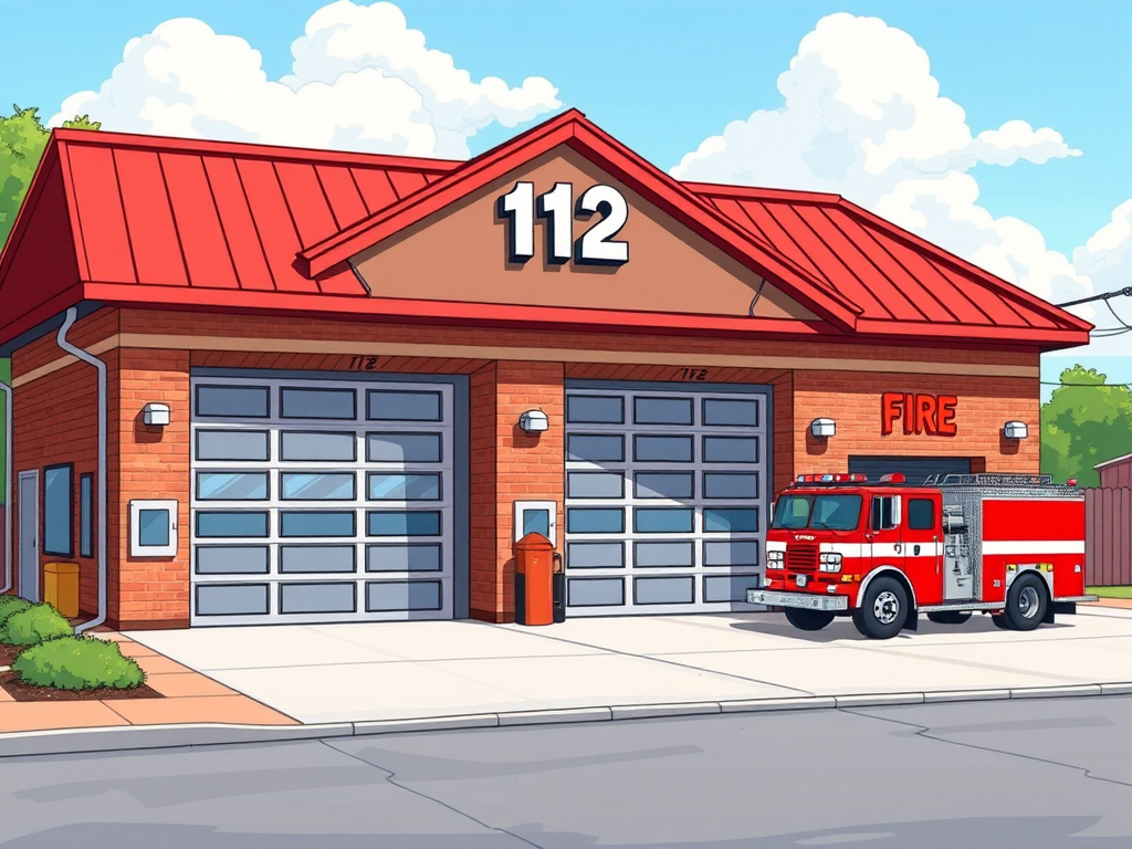 Create a colorful cartoon illustration of a fire station with the number 112 prominently displayed on it, featuring a red roof, two large garage doors, and a fire truck parked outside, using a high-resolution digital camera with a 50mm lens, f/1.8 aperture, and a wide-angle view to enhance image quality.