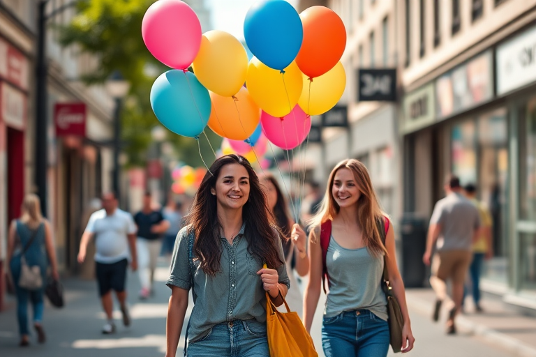 generate an image of a group of young adults walking down a busy street during the day, holding colorful balloons, featuring a shallow depth of field, with a focal length of 50mm, aperture set at f/2.8, ISO 200, using a DSLR camera for vibrant colors and enhanced detail