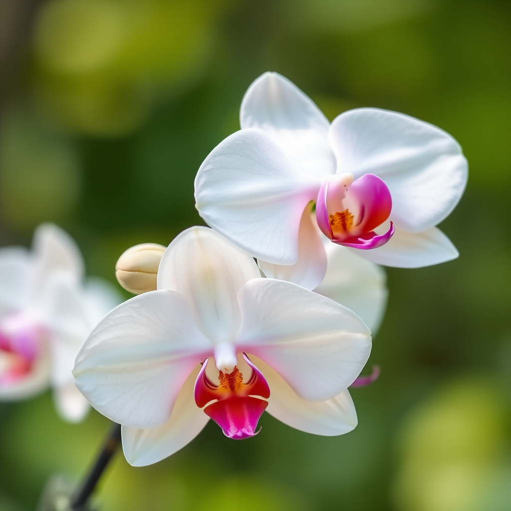 Capture a close-up shot of a cluster of white orchids with pink accents, using a macro lens, aperture set to f/2.8 for a shallow depth of field, ISO 100, and natural light to enhance details and colors against a blurred green background.